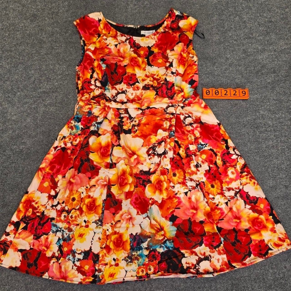 Liz Claiborne red, orange, and white floral print dress, size 14.